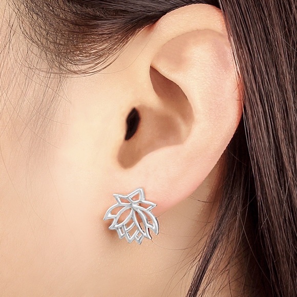 2/$20! Silver Blooming Lotus Flower Stud Earrings - Picture 4 of 7